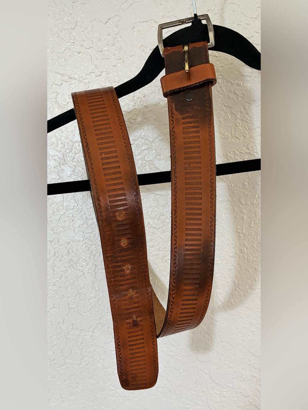 Vintage Tooled Leather Belt Brown Western Handcrafted Rustic Distressed Boho
